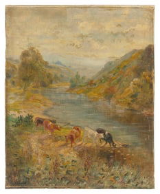 WILLIAM C. IRVING (United Kingdom, 1866-1943), Cows watering at a mountain river., Oil on canvas