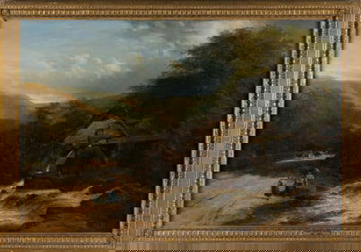 THOMAS CRESWICK (United Kingdom, 1811-1869), Two figures by a river mill., Oil on canvas, 24" x 36".