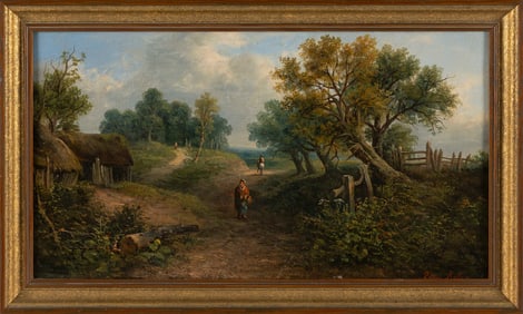 EDWIN BUTTERY (United Kingdom, 1839-1908), Figures on a rural path., Oil on canvas, 10" x 18".