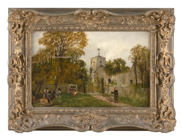 JAMES PEEL (United Kingdom, 1811-1906), Working outside a rural church., Oil on canvas, 8" x 12".