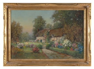 VALERIE PRITCHARD (England, 20th Century), View of an English cottage., Oil on canvas, 20" x 30".