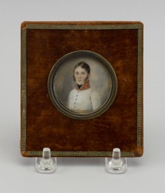 CONTINENTAL MINIATURE BUST PORTRAIT OF A YOUNG MAN 19th Century Diameter 1.75". Framed 3.75" x