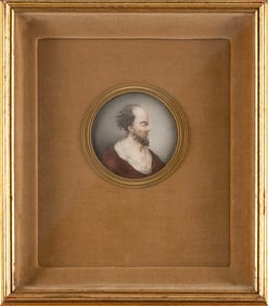 FRENCH MINIATURE PROFILE BUST PORTRAIT OF A BEARDED MAN 18th Century Approx. diameter 2.25". Framed