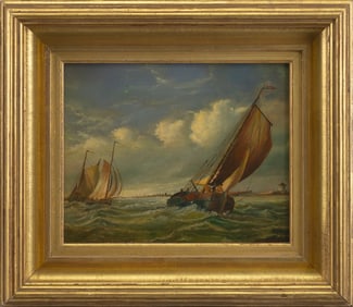 JOSEPH NASH JR. (United Kingdom, d. 1922), Sailing vessels off a coast., Oil on board, 8" x 10".
