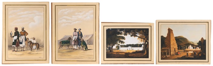 SET OF FOUR ANGLO-INDIAN GOUACHE PAINTINGS 19th Century 9" x 13" to 16" x 11". Unframed.