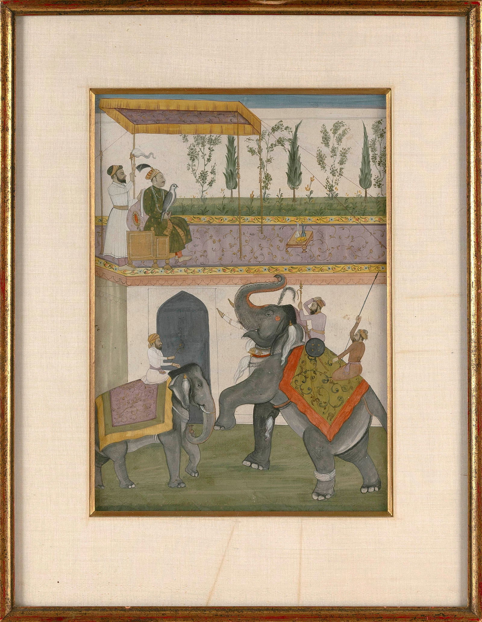 PERSIAN COURTYARD SCENE 18th/19th Century Watercolor and gouache on paper, 12.5" x 9". Framed 19" x (1 of 2)