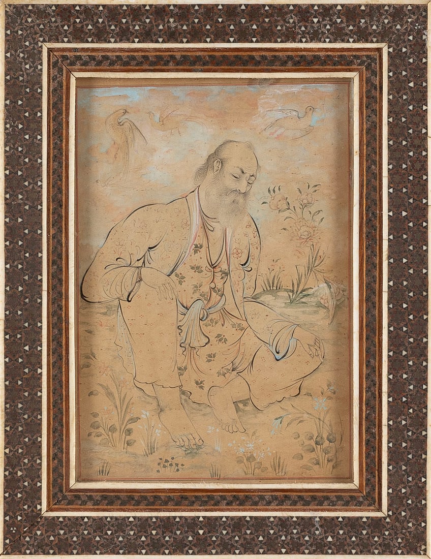 PERSIAN PORTRAIT OF A MAN 19th Century Watercolor, ink and gouache on paper, 6.5" x 4.5" sight. (1 of 2)