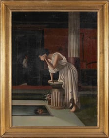 CARLO CIAPPA (Italy, 1890-1970), A woman standing over a reflecting pool., Oil on canvas, 30" x 22".