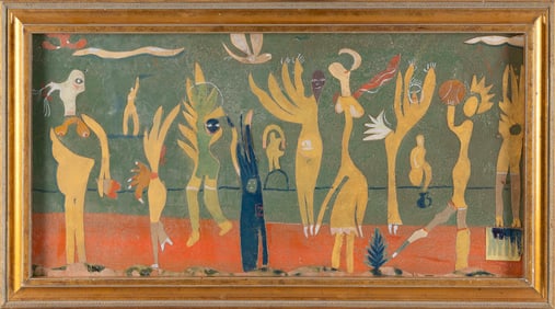 AMERICAN SCHOOL (Circa 2012,), "The Players"., Mixed media collage on board, 15" x 30". Framed 18.5"