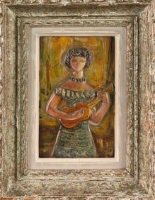 UNUSUAL CARVED AND PAINTED WOOD PORTRAIT PANEL 20th Century Mixed media, 8.5" x 5.5". Framed 13.25"