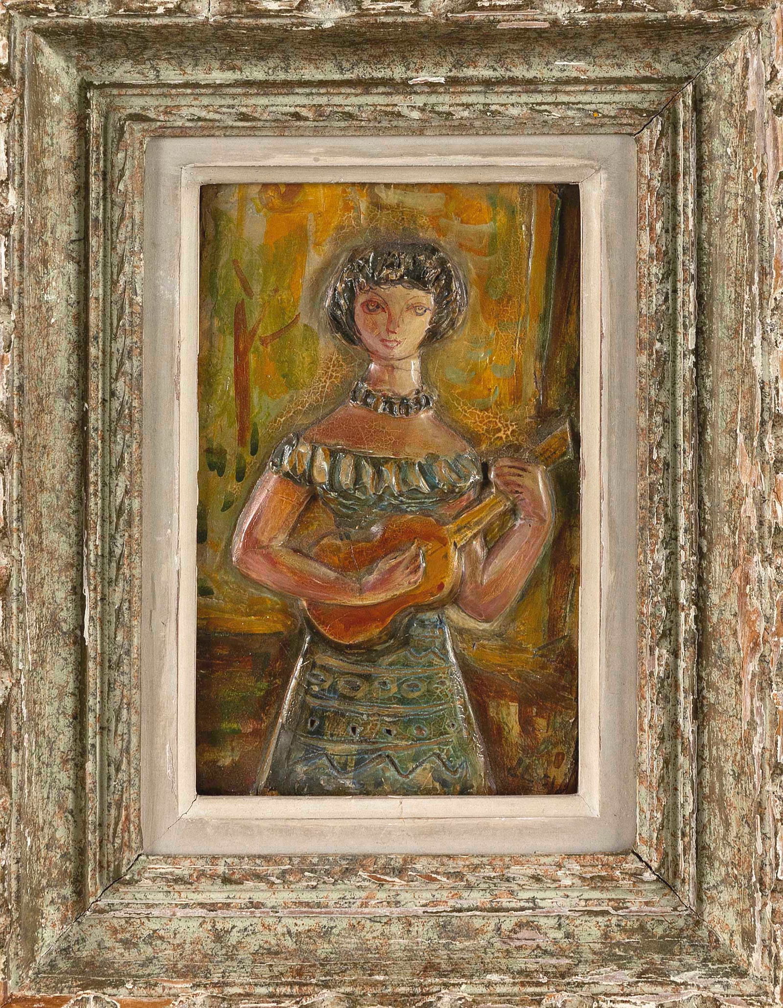 UNUSUAL CARVED AND PAINTED WOOD PORTRAIT PANEL 20th Century Mixed media, 8.5" x 5.5". Framed 13.25" (1 of 2)