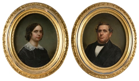 AMERICAN SCHOOL (19th Century,), Pair of bust portraits of a man and a woman., Oils on artist board,