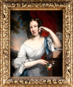 AMERICAN SCHOOL (19th Century,), Half-length portrait of a young woman holding a rose., Oil on