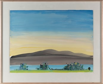 AMERICAN SCHOOL (Contemporary,), Landscape with river and mountains., Gouache on paper, 22" x 30".