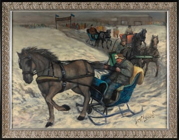 GINET LEBLAND (Canada, 1951-), Horse sledding race., Oil on board, 30" x 40". Framed 35" x 45".