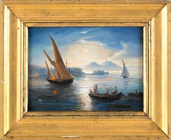 CONTINENTAL SCHOOL (20th Century,), Boats under moonlight., Oil on panel, 5.75" x 8". Framed 9.25" x