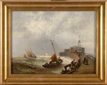 FRANKLIN DULLIN BRISCOE (Pennsylvania/Maryland, 1844-1903), Stormy day at the pier., Oil on canvas,