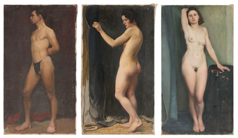 AMERICAN SCHOOL (Mid-20th Century,), Three academic-style nude studies., Oils on canvas, 36" x 20".