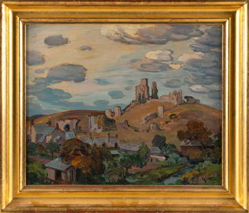 WILLIAM SAMUEL HORTON (New York/Michigan/France, 1865-1936), "Corfe Castle"., Oil on panel, 17.25" x: WILLIAM SAMUEL HORTONNew York/Michigan/France, 1865-1936"Corfe Castle". Signed lower right "Horton". Titled and estate stamped verso.Oil on panel, 17.25" x 21.5". Framed 21.85" x 25.5".