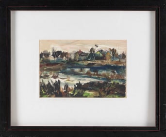 AMERICAN SCHOOL (20th Century,), Landscape with houses along a waterfront., Watercolor on paper,
