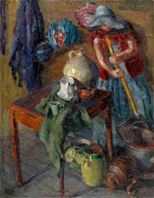 RICHARD BERGER (Switzerland, 1894-1994), Interior scene with a lady sweeping., Oil on canvas, 44.5"