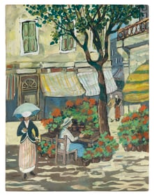 PAINTING OF A FLOWER SELLER OUTSIDE A CITY CAFE 20th Century Gouache, 18" x 13.75". Unframed.