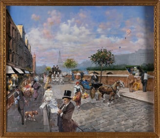 FRANCESCO TAMMARO (Italy, 1939-), Parisian street scene., Oil on board, 23.5" x 27.75". Framed 26" x