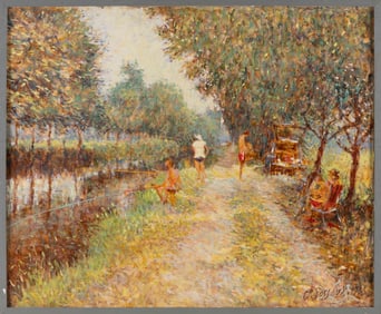 CLAUDE FOSSOUX (France, 1946-), "Les Pecheurs"., Oil on canvas, 24" x 28". Framed 25" x 30".