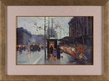 PAUL RENARD (France, 1941-1997), Parisian street scene., Gouache, 11" x 17.5" sight. Framed 18.5" x