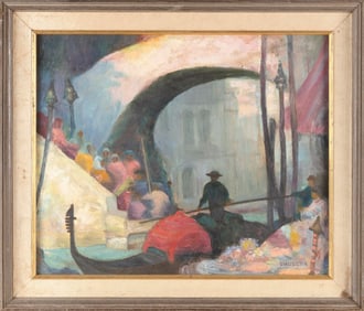 RHUBENA KIRK (America, 20th Century), Venetian scene with gondola., Oil on canvas, 20" x 24". Framed