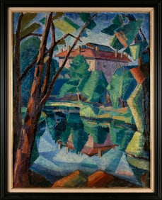 AMERICAN SCHOOL (20th Century,), Modernist landscape with a house overlooking a pond., Oil on