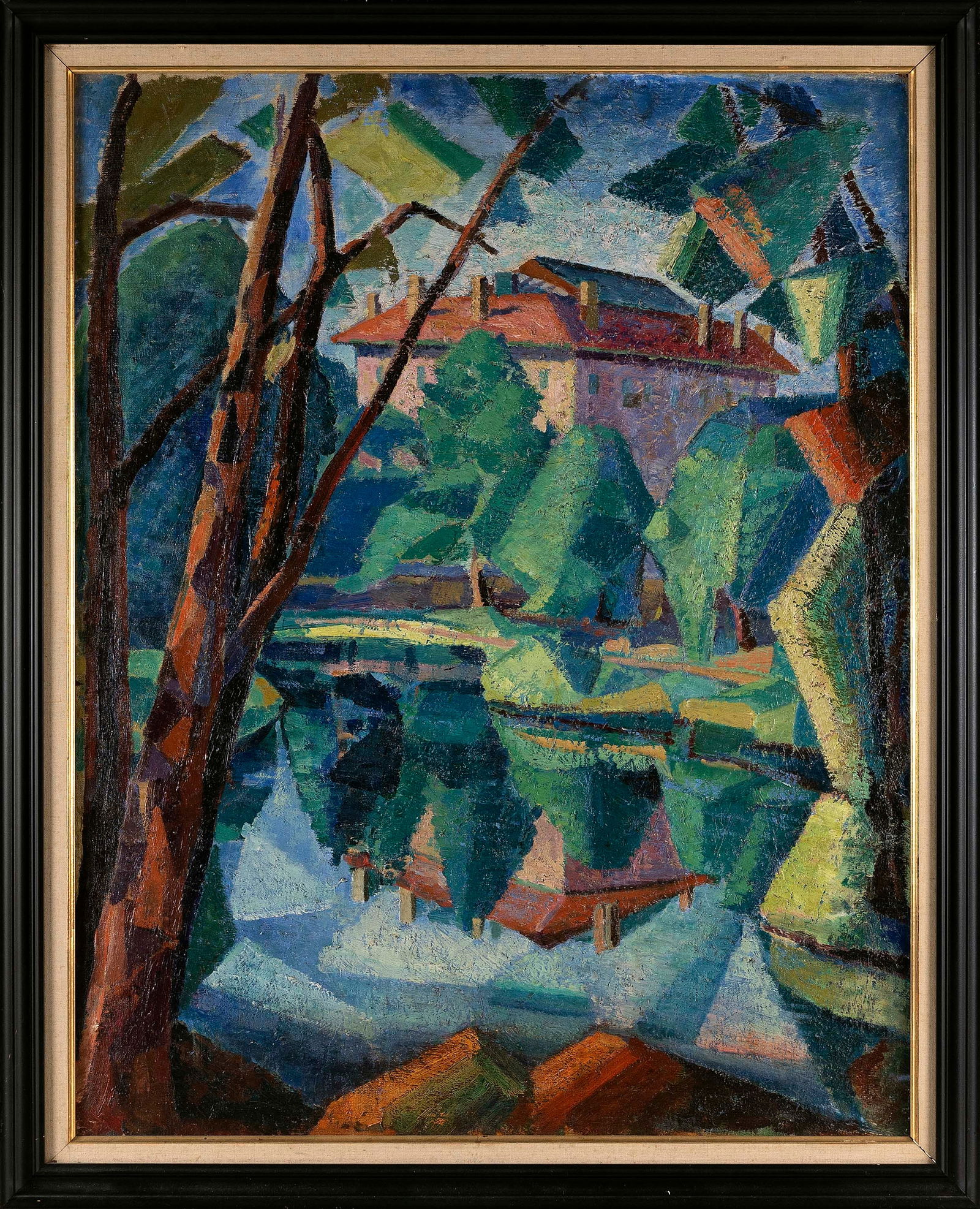 AMERICAN SCHOOL (20th Century,), Modernist landscape with a house overlooking a pond., Oil on (1 of 2)