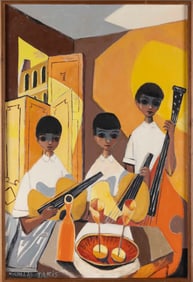 NICHOLAS TAKIS (New York, 1903-1965), Tableside musicians., Oil on canvas, 36" x 24". Framed 37.5" x