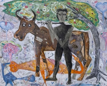 ABSTRACT VIEW OF A MAN AND A BULL 20th Century Mixed media, 20" x 25" sight. Framed 27" x 32".