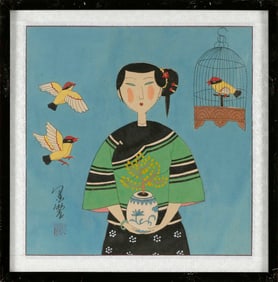 YONGKAI HU (China, 1945-), A girl holding a potted plant, with two flying birds to her right and a