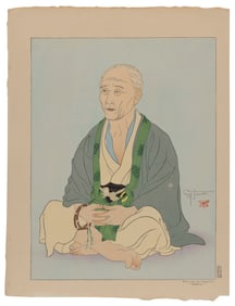 PAUL JACOULET (France/Japan, 1902-1960), "Vieillad au Chapelet. Kawadzu" (#63)., Woodblock print,