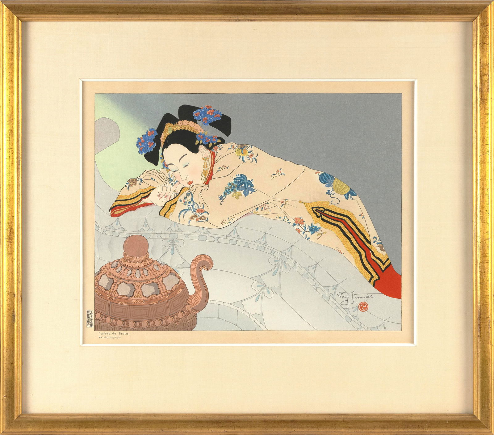 PAUL JACOULET (France/Japan, 1902-1960), "Fum?es de Santal. Mandchoukuo" (#115)., Woodblock print,: PAUL JACOULETFrance/Japan, 1902-1960"Fum?es de Santal. Mandchoukuo" (#115). Published: 21 December 1948. Signed in pencil lower right above Mitsu-Tomoe seal. Seals of the carver, Kentaro Maeda, and pr