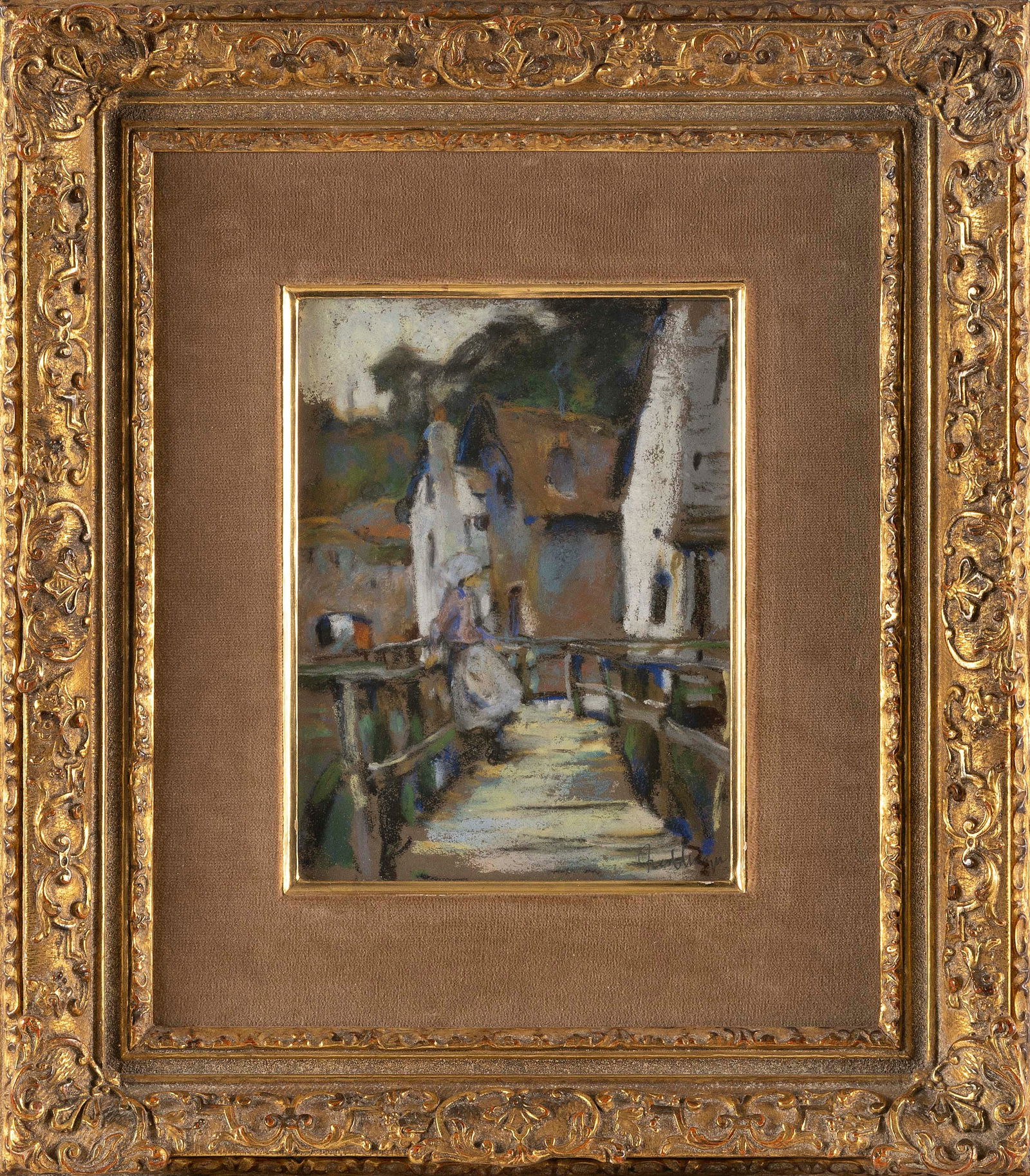 FRED A. MAYER (New York/Germany, 1904-), "Girl at a Bridge"., Pastel, 8" x 5.5" sight. Framed 16" x (1 of 2)