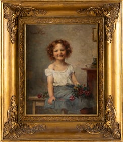 EDMUND ADLER RODE (Germany/Ausria, 1876-1965), Portrait of a young girl holding flowers., Oil on