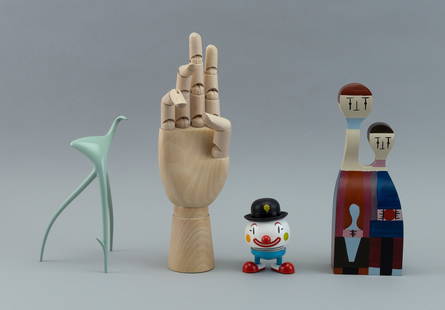 COLLECTION OF DESK ACCESSORIES 20th/21st Century Heights from 4" to 7".: COLLECTION OF DESK ACCESSORIES20th/21st Century1) Vitra Design Museum Alexander Girard hand-painted solid fir doll. Includes original crate and brochure.2) Vitra Design Museum Philippe Starck "WW" min