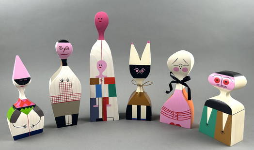 SIX ALEXANDER GIRARD WOODEN DOLLS 20th Century Heights from 6" to 11".: SIX ALEXANDER GIRARD WOODEN DOLLS20th CenturyVarying shapes, colors and designs. Each with original crate and brochure.Heights from 6" to 11".