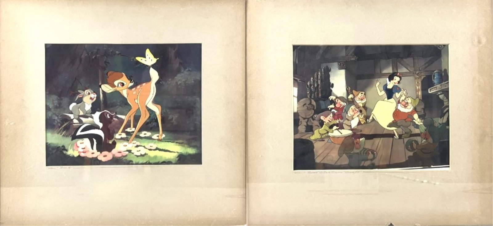 TWO WALT DISNEY DYE TRANSFER PRINTS 1950s 14.5" x 16". Matted. (1 of 5)