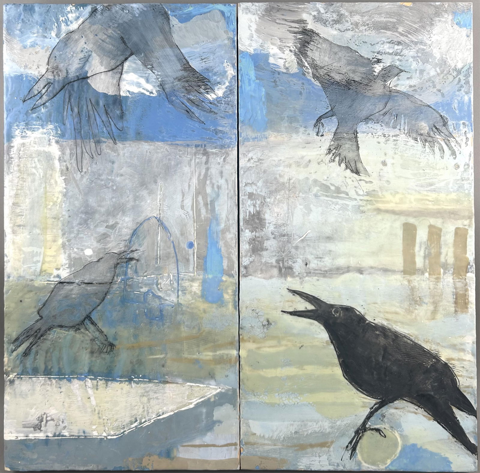 CHERIE MITTENTHAL (America, Contemporary), Diptych of birds., Encaustic and mixed media on board, (1 of 2)