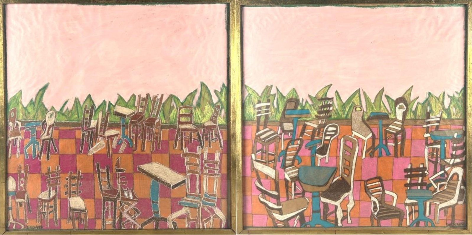 RICHARD DEQUATTRO (Massachusetts, 1946-), "Pink Chairs" diptych., Pastel on paper, 26" x 26". Framed: RICHARD DEQUATTRO Massachusetts, 1946- "Pink Chairs" diptych. Signed "DeQuattro". Titled verso. Pastel on paper, 26" x 26". Framed 27" x 27".