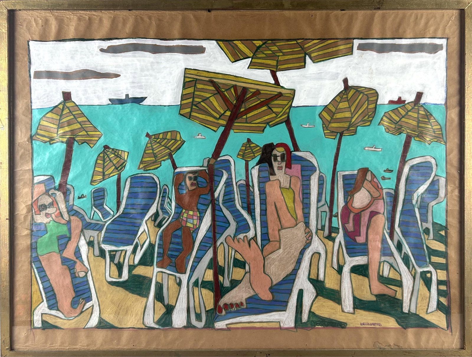 RICHARD DEQUATTRO (Massachusetts, 1946-), Beach scene with umbrellas., Pastel on paper, 30" x 40".: RICHARD DEQUATTRO Massachusetts, 1946- Beach scene with umbrellas. Signed lower right "DeQuattro". Pastel on paper, 30" x 40". Framed 31.25" x 41.25".