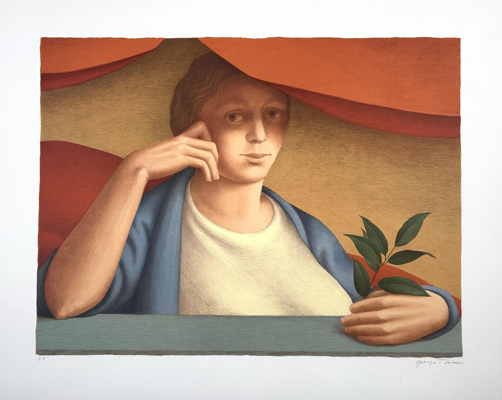 GEORGE TOOKER (New York/Vermont/Spain, 1920-2011), "Woman with a Sprig of Laurel", 1992., Color: GEORGE TOOKERNew York/Vermont/Spain, 1920-2011"Woman with a Sprig of Laurel", 1992. An artist's proof, aside from the edition of 125. Signed and inscribed "A.P." in pencil lower margin.Color lithograp