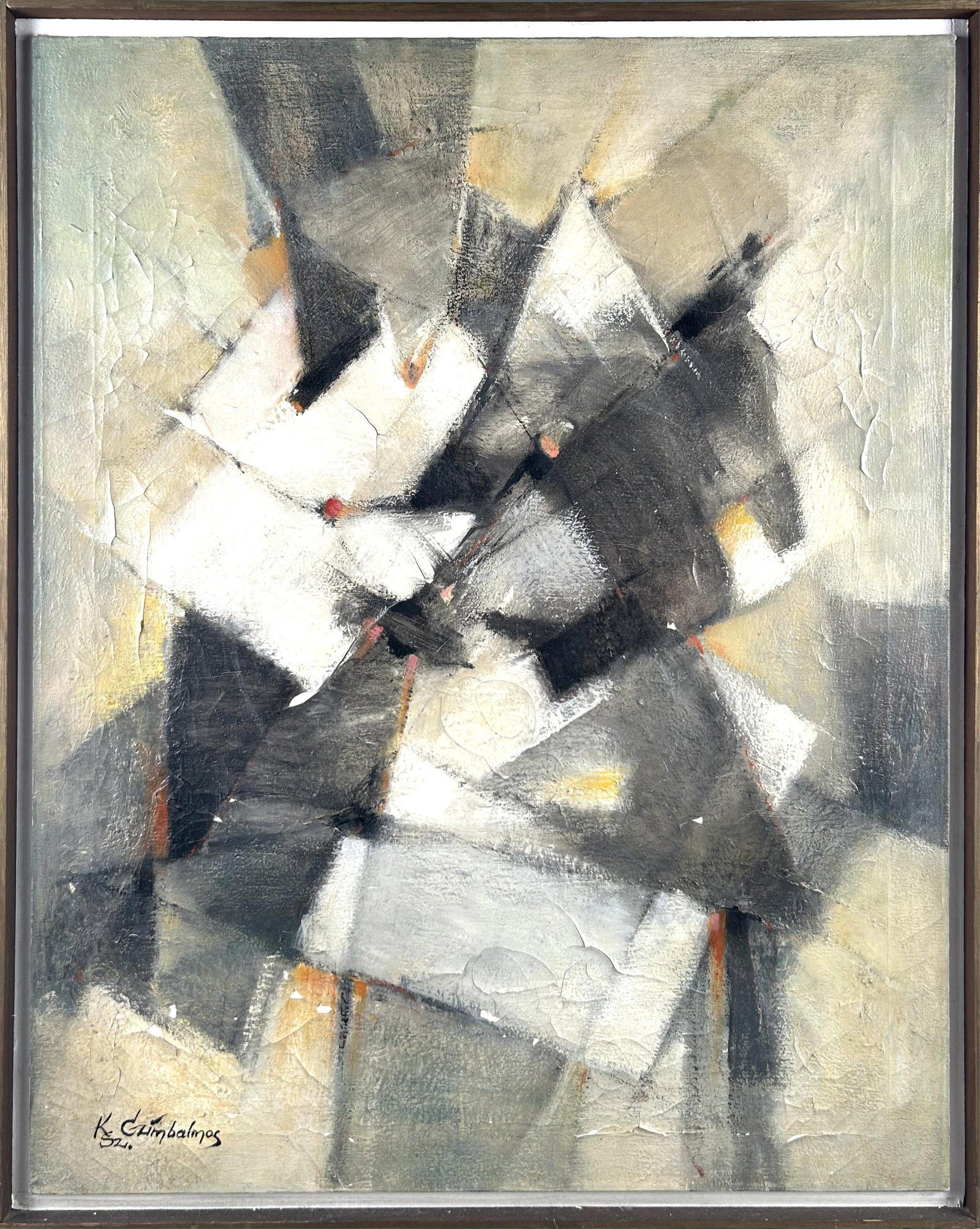 KALMAN SZABO CZIMBALMOS (Hungary, 1914-2004), Abstract in shades of black, tan and white., Oil on: KALMAN SZABO CZIMBALMOS Hungary, 1914-2004 Abstract in shades of black, tan and white. Signed lower left "Kalman Sz. Czimalmos". Also signed verso. Oil on canvas, 30" x 24". Framed 32" x 25.5".