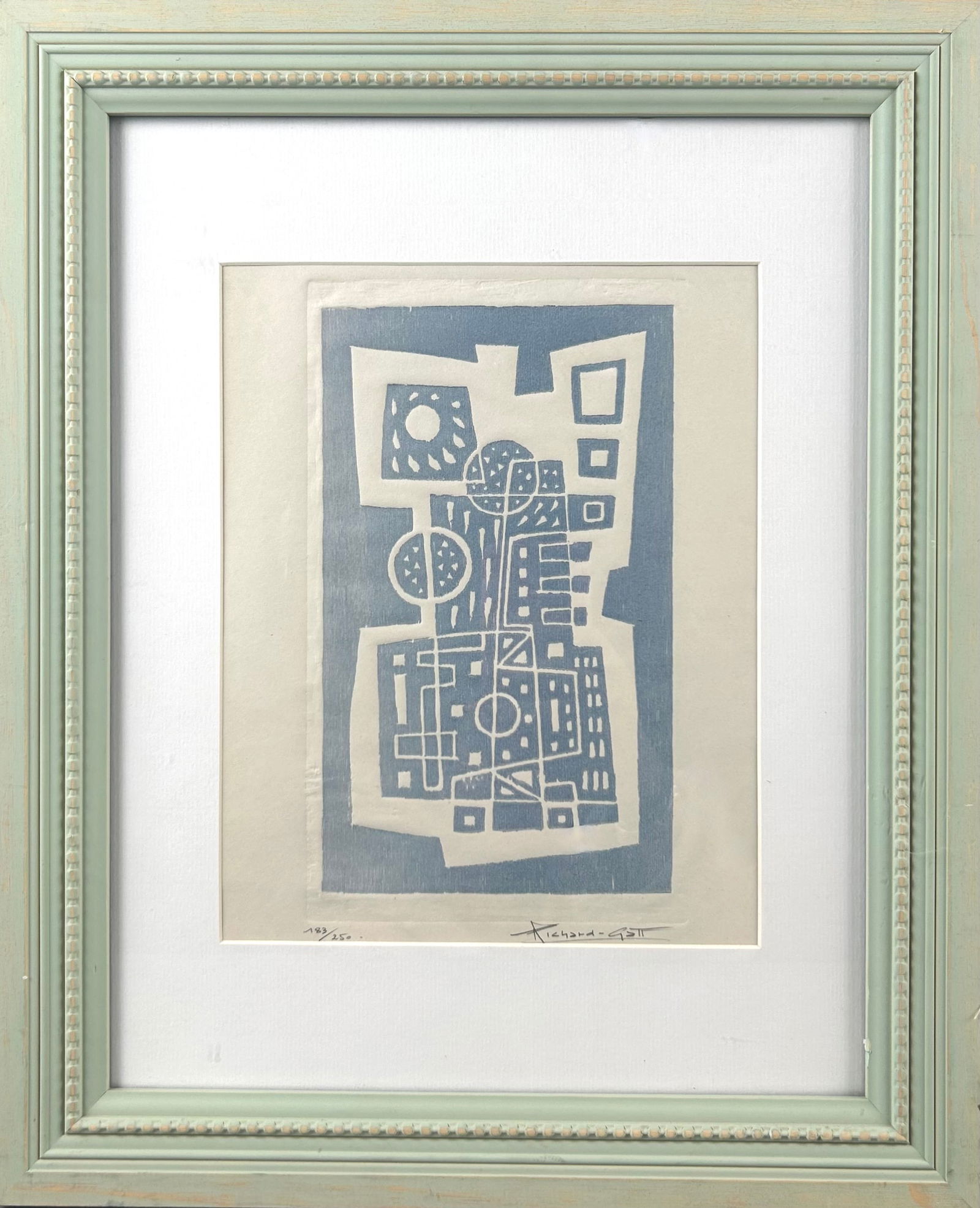 RICHARD GATT (20th Century,), Abstract composition., Woodcut printed in blue, 9.5" x 7.75" sight. (1 of 2)