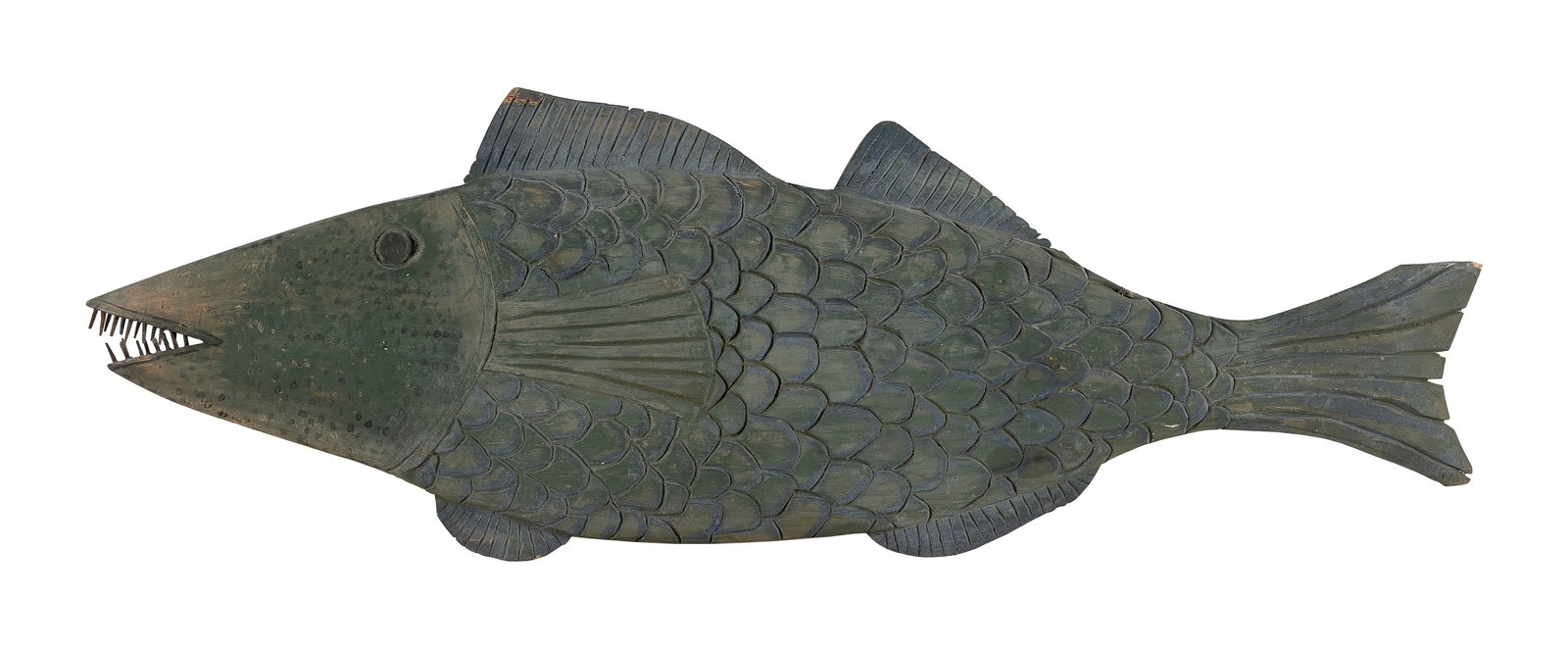 ELDRED WHEELER FANCIFUL FISH CARVING Massachusetts, 20th Century Length 35".: ELDRED WHEELER FANCIFUL FISH CARVINGMassachusetts, 20th CenturyPainted blue-green. Unsigned.Length 35". Provenance:The Collection of Emmett Eldred of Eldred Wheeler. To learn more about the collection