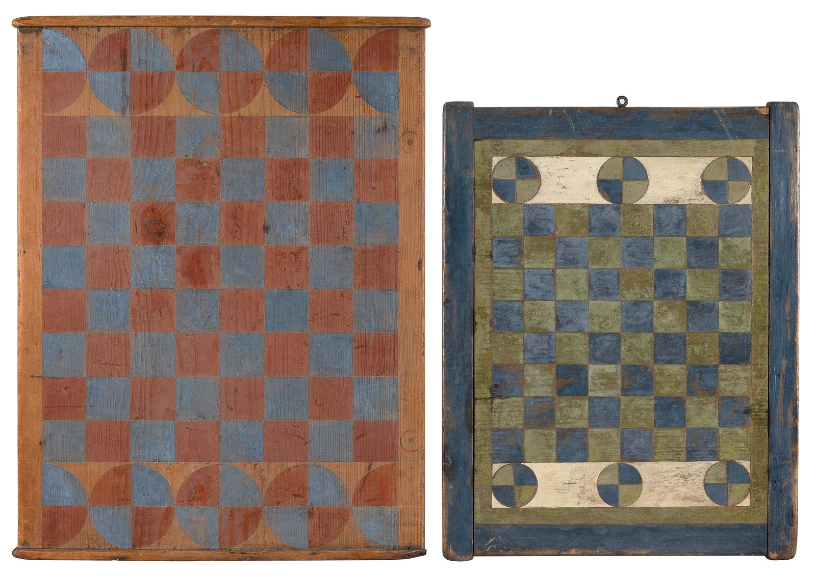 TWO ELDRED WHEELER GAME BOARDS Massachusetts, 20th Century Both approx. 21" x 19".: TWO ELDRED WHEELER GAME BOARDSMassachusetts, 20th CenturyPainted breadboards, one blue, green and white, and one red and blue. Original labels on backs.Both approx. 21" x 19". Provenance:The Collectio